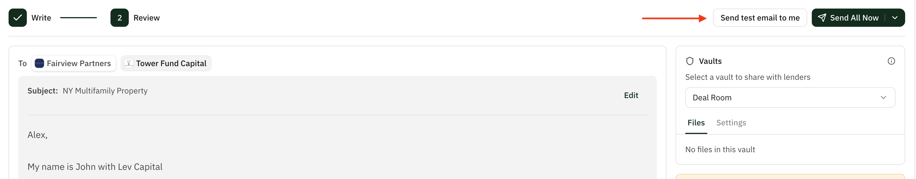 Bulk outreach review tab showing the Send test email to me button in the top right