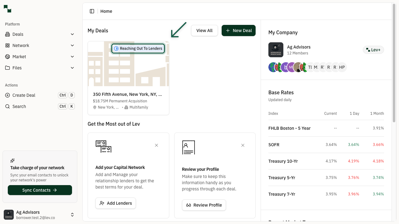 Dashboard showing deal with status badge