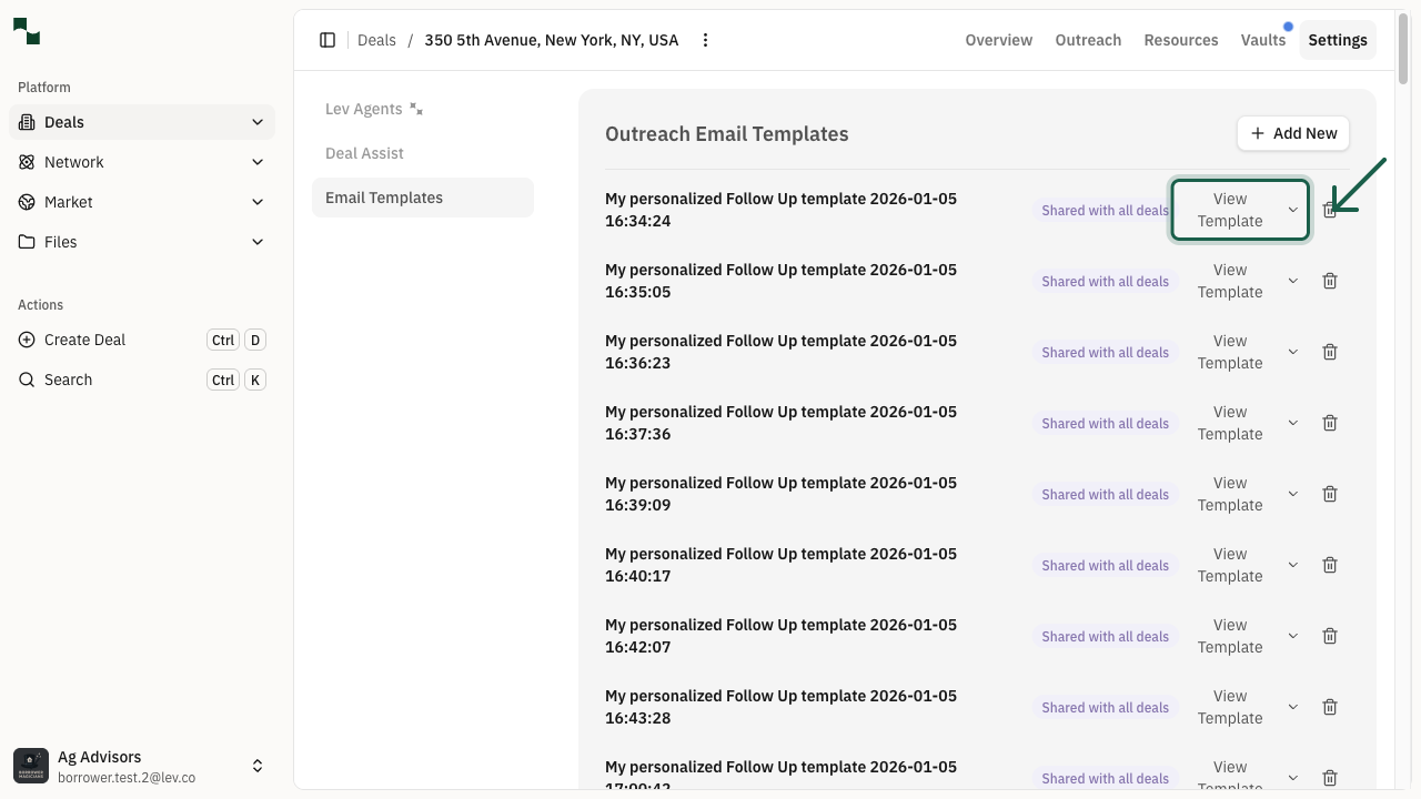 Email templates list with View Template button highlighted