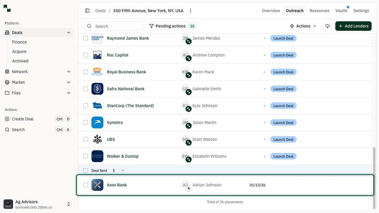 Outreach tab showing lender table