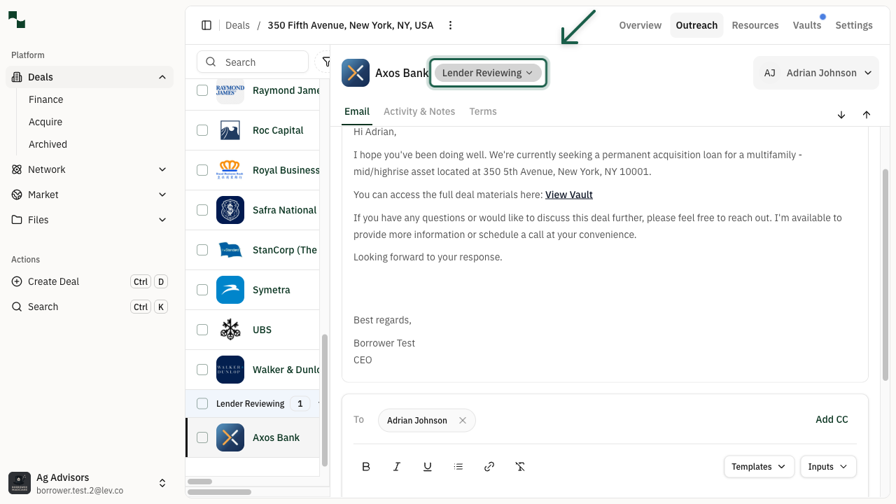 Status updated to Lender Reviewing