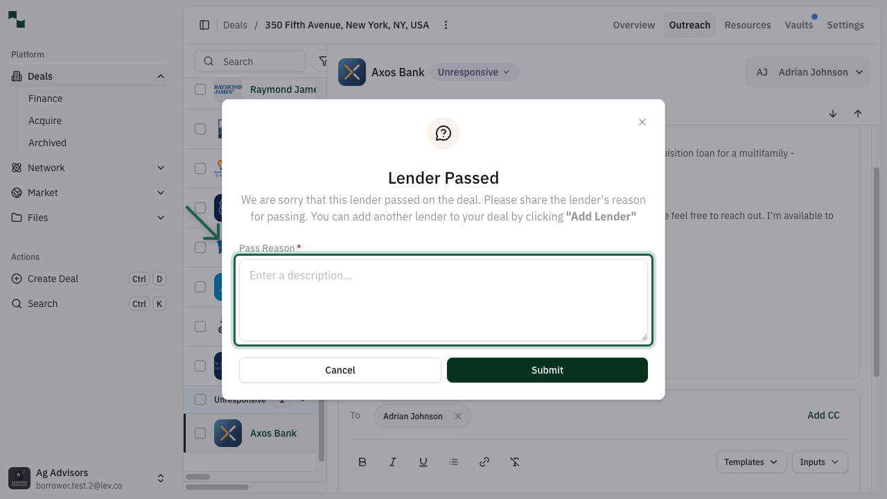 Lender Passed modal with Pass Reason field